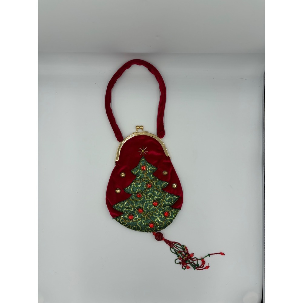 Vintage Red Velvet Christmas Tree Sequin Beaded Tassel Kiss Lock Evening Bag